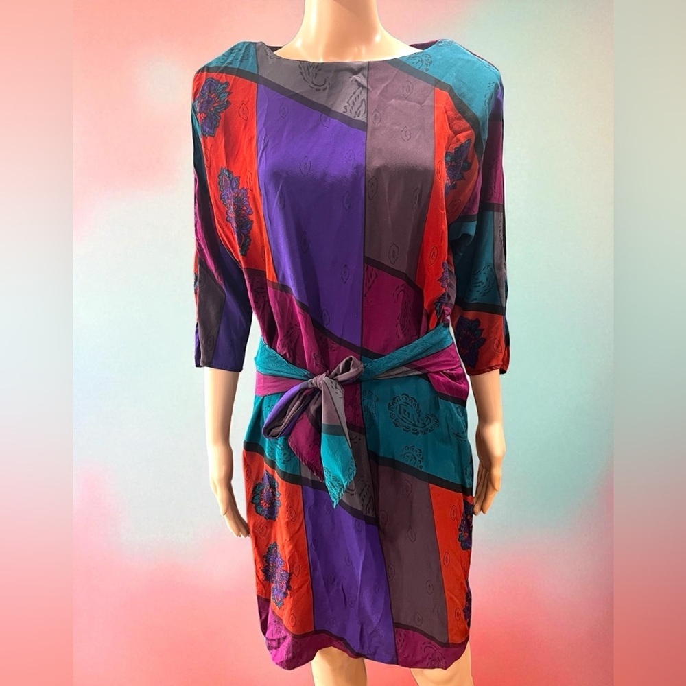 Colorful Geometric Patterned vintage 80’s sarong Dress-L